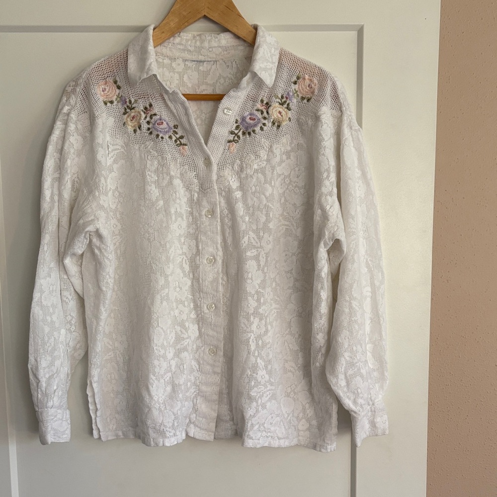 Vintage White Floral Lace Embroidered Button-Up Blouse